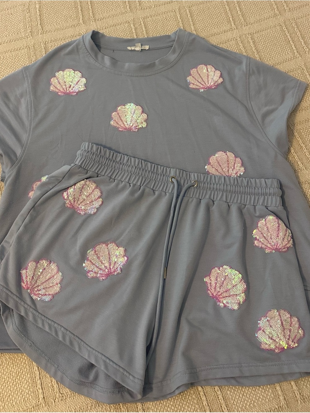Sequin Shell Lounge Set - Dusty Blue with Iridescent Pink Shells